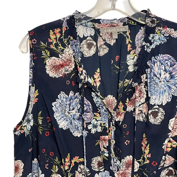 Daniel Rainn 100% Silk Navy Floral Top Womens Size 1X Tasseled Boho Tank - Picture 4 of 10